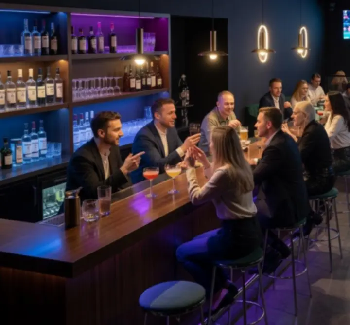 Nowoczesny bar nocy z podwieśtlonym barem i stolikami w 