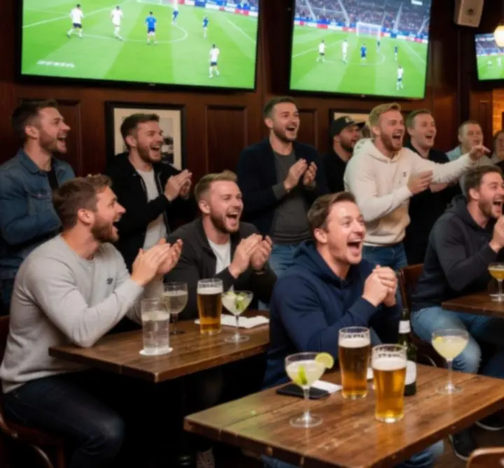 Goście oglądający transmisję sportową na dużym ekranie